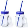 2x Pcs Verres Mason Jar Tasses à Boire Bouchon Bleu Et Paille 500 Ml - Scellable / Non étanche / Fruits Secoue