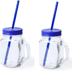 2x Pcs Verres Mason Jar Tasses à Boire Bouchon Bleu Et Paille 500 Ml - Scellable / Non étanche / Fruits Secoue
