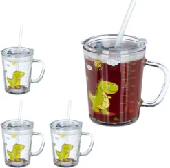 Relaxdays 4x Verres Pour Enfants Avec Paille Et Couvercle -- Imprimé Dinosaure - Avec Anse