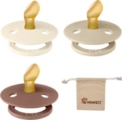 Bibs Sucettes Dental Anatomique 0-6 Mois- Set 3 Pièces- Ivoire, Vanille, Marmotte - + Etui Tétine Monkiezz - Orthodontique- Anatomique- Taille 1