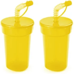 Set De 12 Gobelets En Plastique Refermables Jaunes 400 Ml Avec Paille Pour Enfants/tout-petits