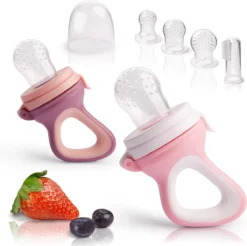 2 Tétines Aux Fruits Pour Bébé Et Tout-petit + 6 Tétines De Rechange En 3 Tailles En Silicone Hygiénique - Sûr Et Sans BPA - Pour La Bouillie De Fruits Et Légumes Pour Bébés & Co. - Aide à La Morsure (rose/violet)