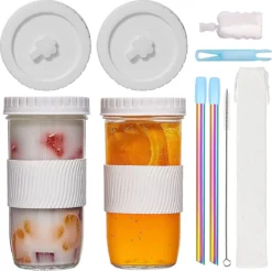 Tasses à Thé Avec Paille, 730 Ml, Lot De 2, Bocaux De Conservation Réutilisables, Pour Milkshakes, Jus, Smoothies, Bières, Blanc