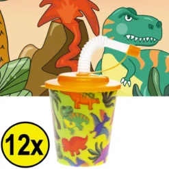 Decopatent® 12 PCS DINOSAUR 3D Gobelet Avec Paille Et Couvercle - 250ML - Gobelets En Plastique Dino - Fête D'Enfants - Gobelets D'Anniversaire D'Enfants - Friandise - Cadeaux à Distribuer