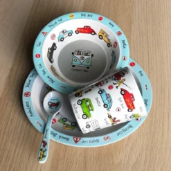 Set Vaisselle Enfant Voitures Mélamine (assiette + Bol + Tasse + Cuillère) - Set Vaisselle Plastique Tyrrell Katz Gris - Kalas