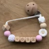 Attache Tétine Avec Nom | Personnalisé | Bloem Rose - Bois | Cadeau De Naissance | Bébé | Attache Tétine | Chaîne De Sucette | Bébés