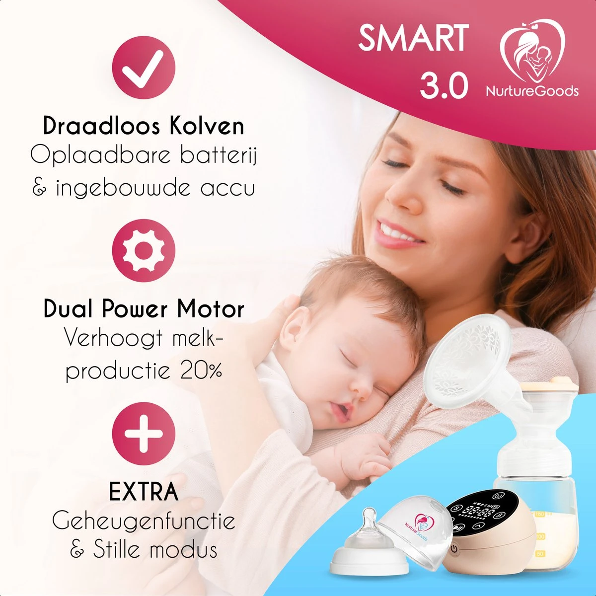 NurtureGoods Dual Efficace - Smart 3.0 - Tire-lait électrique Double Rechargeable - Comprend Un Biberon 2x180 Ml, Un Journal De Pompe Et Une Tétine 6 NurtureGoods Dual Efficace - Smart 3.0 - Tire-lait électrique Double Rechargeable - Comprend Un Biberon 2x180 Ml, Un Journal De Pompe Et Une Tétine – Image 6