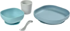 Beaba, Ensemble à Manger, 4 Pièces, Antidérapant, Bleu / Taupe, Silicone -Bébé Soldes Boutique 1200x537 1