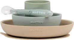 Nattou Services De Table Enfants 4 Pièces Siliconen - Assiette + Kom + Tasse + Cuillère - Antidérapant - Sans BPA - Vert / Sable