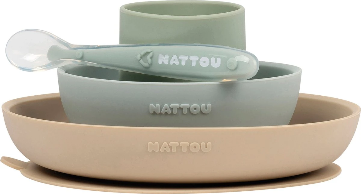 Nattou Services De Table Enfants 4 Pièces Siliconen - Assiette + Kom + Tasse + Cuillère - Antidérapant - Sans BPA - Vert / Sable 1 Nattou Services De Table Enfants 4 Pièces Siliconen - Assiette + Kom + Tasse + Cuillère - Antidérapant - Sans BPA - Vert / Sable