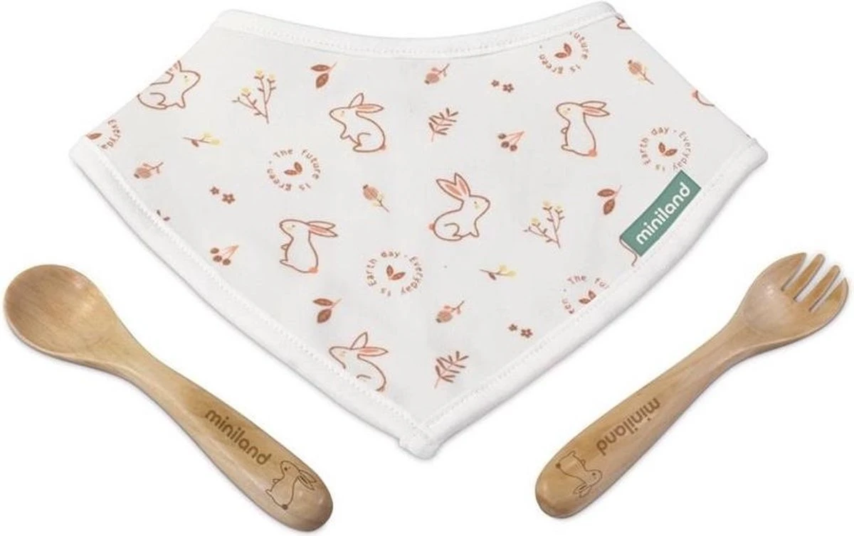 Bavoir Et Couverts Miniland En Bois De Lapin / Coton Wit 3 Pièces 1 Bavoir Et Couverts Miniland En Bois De Lapin / Coton Wit 3 Pièces