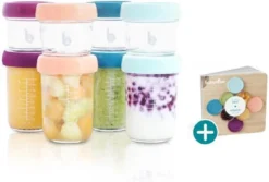 BabyMoov 8 Bocaux En Verre De 120 Et 240 Ml - Scellables Hermétiquement - Livret De Recettes Bio Inclus -Bébé Soldes Boutique 1200x812 1