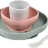 BEABA, Boîte Repas Bébé Siliconen , Avec Ventouse, Antidérapante, 4 Pièces, Assiette + Kom + Glas + Cuillère, Eucalyptus