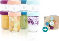 BabyMoov 8 Bocaux En Verre De 120 Et 240 Ml - Scellables Hermétiquement - Livret De Recettes Bio Inclus -Bébé Soldes Boutique 1200x827