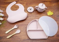 Vaisselle Vaisselle Pour Enfants Siliconen Avec Ventouse - Set Repas Bébé - Services De Table Bébé - Couverts Bébé - Nourriture Bébé - Cadeau Maternité - Baby Shower - Vieux Rose