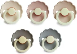 BIBS Sucette FRIGG En Caoutchouc Naturel - Daisy Night Blush, Crème, Croissant, French Grey, Portobello - Taille 2 - Âge 6 à 18 Mois - Set De 5