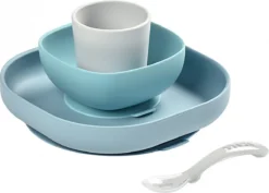 Beaba, Ensemble à Manger, 4 Pièces, Antidérapant, Bleu / Taupe, Silicone