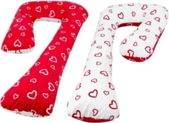 Oreiller De Couchage Latéral - 235 Cm - 100% Coton - Rouge Et Blanc Avec Des Coeurs