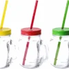 9x Pcs Verres Mason Jar Gobelets Avec Bouchon Et Paille 500 Ml - 3x Jaune / 3x Vert / 3x Rouge - Verrouillable / Pas De Fuite / Fruits Secoue