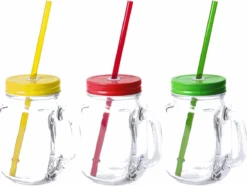 9x Pcs Verres Mason Jar Gobelets Avec Bouchon Et Paille 500 Ml - 3x Jaune / 3x Vert / 3x Rouge - Verrouillable / Pas De Fuite / Fruits Secoue