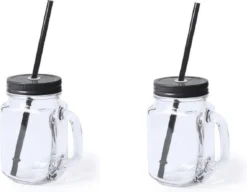 2x Pcs Verres Mason Jar Tasses à Boire Bouchon Noir Et Paille 500 Ml - Scellable / Non étanche / Fruits Secoue