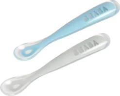 BEABA Lot De 2 Cuilleres 1er âge Silicone Avec Boite De Transport Windy Blue Set