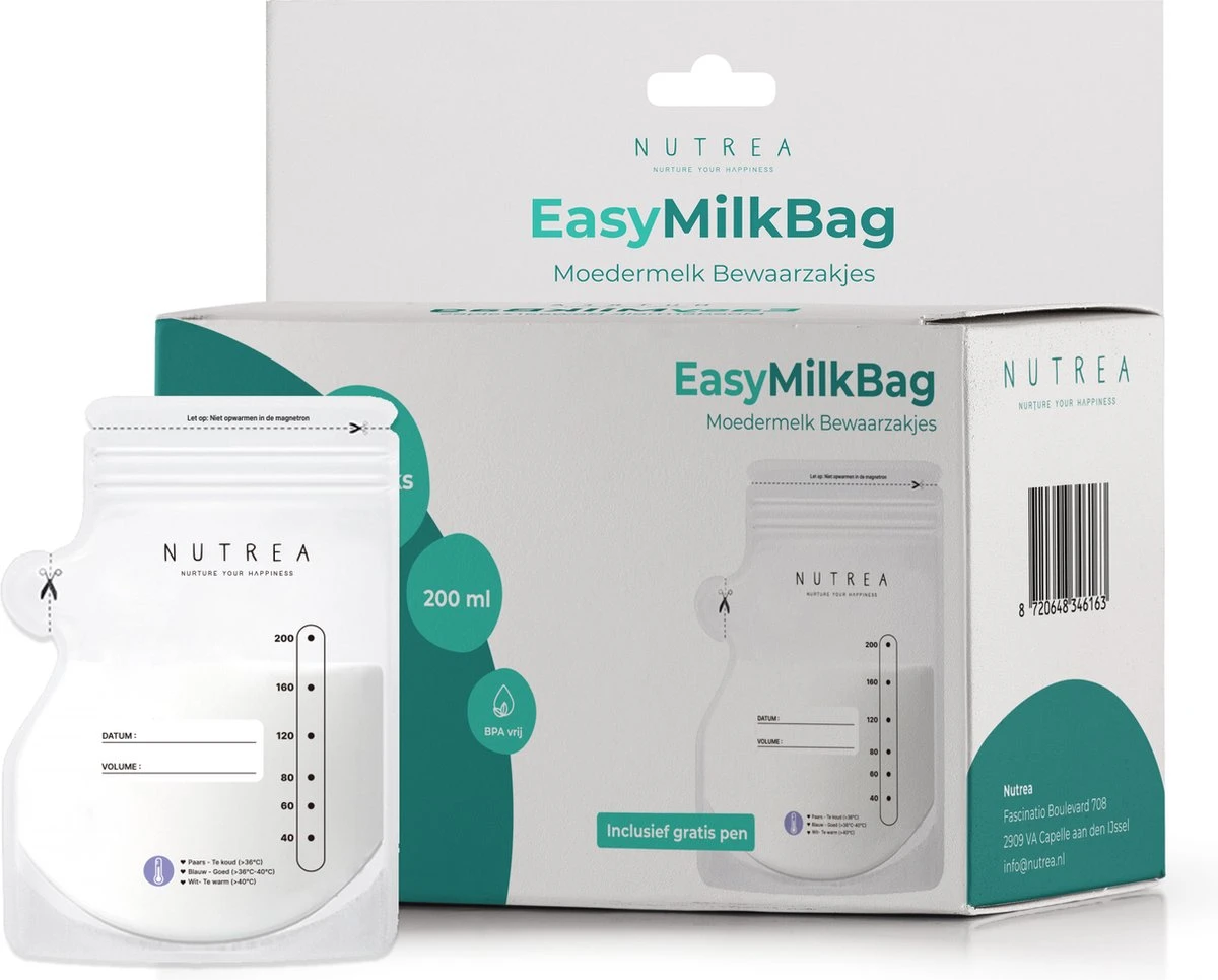 Nutrea – 100 Pièces – Sachets De Stockage De Lait Maternel Avec Bec – 220 Ml – Stylo Inclus – Sac De Stockage D' Allaitement