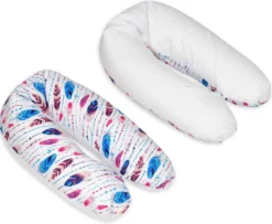 Coussin D'allaitement - Coussin De Grossesse - 100% Coton - Avec Ficelles - 145 Cm - Plumes Colorées - Blanc