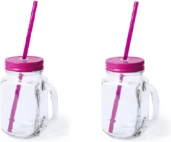 2x Pcs Verres Mason Jar Tasses à Boire Bouchon Rose Et Paille 500 Ml - Scellable / Non-fuite / Fruits Secoue