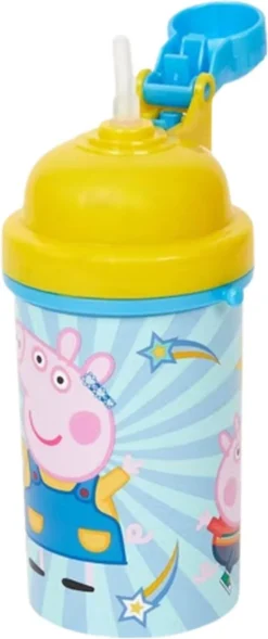 Flip Top Drinking Cup Gourde Peppa Pig Avec Paille Et Cordon Pratique 2 Go - Jaune / Blauw - Plastique - 400 Ml - Gourde - Gourde - Gourde
