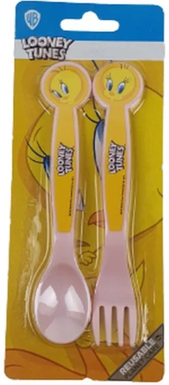 Couverts Enfant Looney Tunes - Jaune / Rose Saumon - Plastique - L 16 Cm - 2 Pièces - Fourchette / Cuillère - Titi Mangeur - Couverts - Vaisselle Pour Enfants