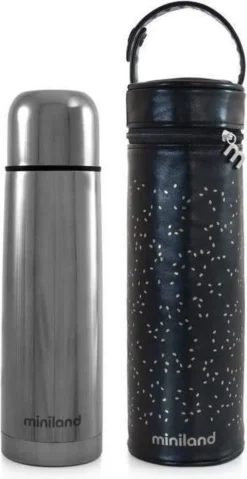 MINILAND - Bouteille Thermos En Argent Exclusive De Luxe Pour 500 Ml De Liquides Avec Effet Chrome Et Sac Isotherme Premium, Un Emballage De Luxe