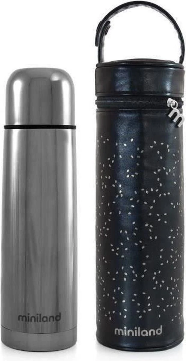 MINILAND - Bouteille Thermos En Argent Exclusive De Luxe Pour 500 Ml De Liquides Avec Effet Chrome Et Sac Isotherme Premium, Un Emballage De Luxe 1 MINILAND - Bouteille Thermos En Argent Exclusive De Luxe Pour 500 Ml De Liquides Avec Effet Chrome Et Sac Isotherme Premium, Un Emballage De Luxe