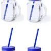 6x Pcs Verres Mason Jar Tasses à Boire Bouchon Bleu Et Paille 500 Ml - Scellable / Non-fuite / Fruits Secoue