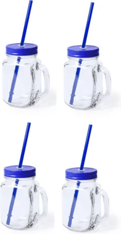 6x Pcs Verres Mason Jar Tasses à Boire Bouchon Bleu Et Paille 500 Ml - Scellable / Non-fuite / Fruits Secoue