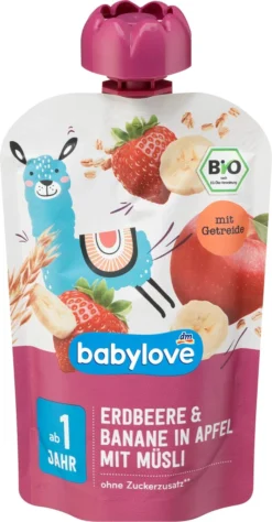 Babylove Baby Meal Squeeze Bags 12+ Months - Fraise Et Banane Dans Pomme Avec Muesli - 100% Fruits Bio -100g