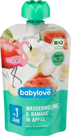 Babylove Baby Meal Squeeze Bags 12+ Months - Pastèque Et Banane Dans La Pomme - Fruits 100% Bio - 100g