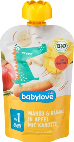 Babylove Baby Meal Squeeze Bags 12+ Months - Mango & Banana In Apple With Carrot - 100% Organic Fruits - 100g