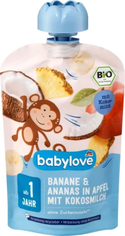 Babylove Baby Meal Squeeze Bags 12+ Months - Banane Et Ananas Dans La Pomme Au Lait De Coco - 100% Fruits Bio - 100g