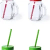 4x Pcs Verre Mason Jar Gobelets Avec Bouchon Et Paille 500 Ml - 2x Vert / 2x Rouge - Verrouillable / Pas De Fuite / Fruits Secoue