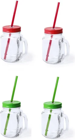 4x Pcs Verre Mason Jar Gobelets Avec Bouchon Et Paille 500 Ml - 2x Vert / 2x Rouge - Verrouillable / Pas De Fuite / Fruits Secoue