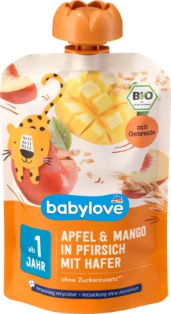 Babylove Repas Pour Bébé Sachets à Presser Dès 1 An - Pomme & Mango En Pêche à L'Avoine - 100% Fruits Bio - 100g - 1 PIECE