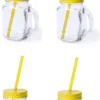 6x Pcs Verres Mason Jar Tasses à Boire Bouchon Jaune Et Paille 500 Ml - Scellable / Non étanche / Fruits Secoue