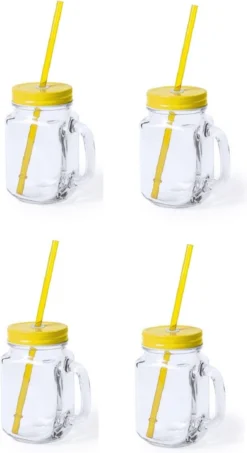 4x Pcs Verres Mason Jar Tasses à Boire Bouchon Jaune Et Paille 500 Ml - Scellable / Non-fuite / Fruits Secoue