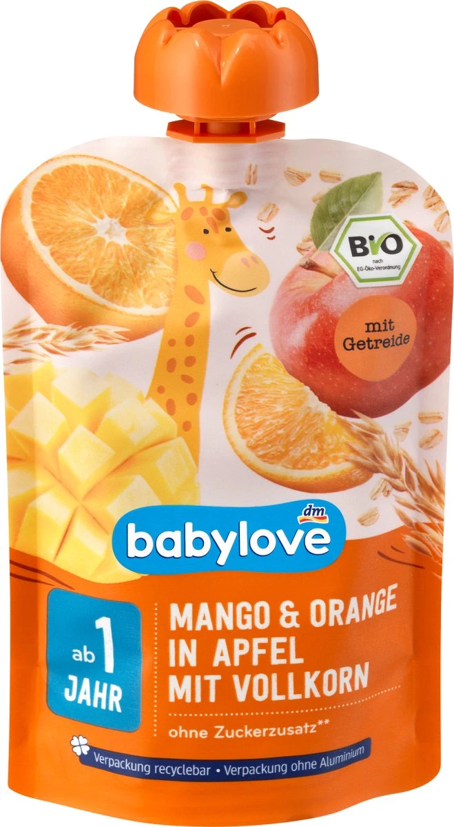 Babylove Baby Meal Squeeze Bags 12+ Months - Mango & Orange In Apple With Whole Wheat - 100% Organic Fruits - 100g 1 Babylove Baby Meal Squeeze Bags 12+ Months - Mango & Orange In Apple With Whole Wheat - 100% Organic Fruits - 100g
