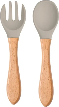 Dutsi - Set De Couverts Enfant En Siliconen Et Bois - Gris Ciment