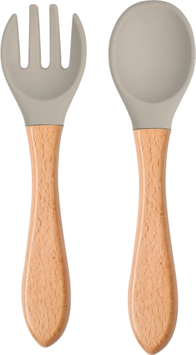 Dutsi - Set De Couverts Enfant En Siliconen Et Bois - Gris Ciment 1 Dutsi - Set De Couverts Enfant En Siliconen Et Bois - Gris Ciment