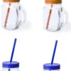 4x Pcs Verre Mason Jar Gobelets Avec Bouchon Et Paille 500 Ml - 2x Bleu / 2x Orange - Verrouillable / Pas De Fuite / Fruits Secoue
