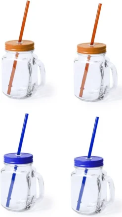 4x Pcs Verre Mason Jar Gobelets Avec Bouchon Et Paille 500 Ml - 2x Bleu / 2x Orange - Verrouillable / Pas De Fuite / Fruits Secoue