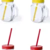 4x Gobelets En Verre Mason Jar Avec Bouchon Et Paille 500 Ml - 2x Jaune / 2x Rouge - Verrouillable / Pas De Fuite / Fruits Secoue
